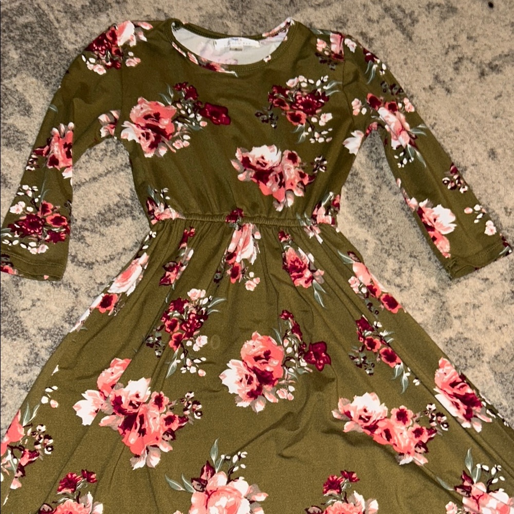 Floral Kids Dress in Olive and Pink